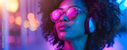 A stylish fashion African American teenager model wearing headphones, listening to DJ music, and dancing in purple neon lights. The young teen girl enjoys cool music.