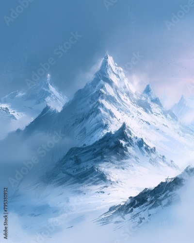 A beautiful painting of snow capped mountains in the distance with a blue sky and clouds