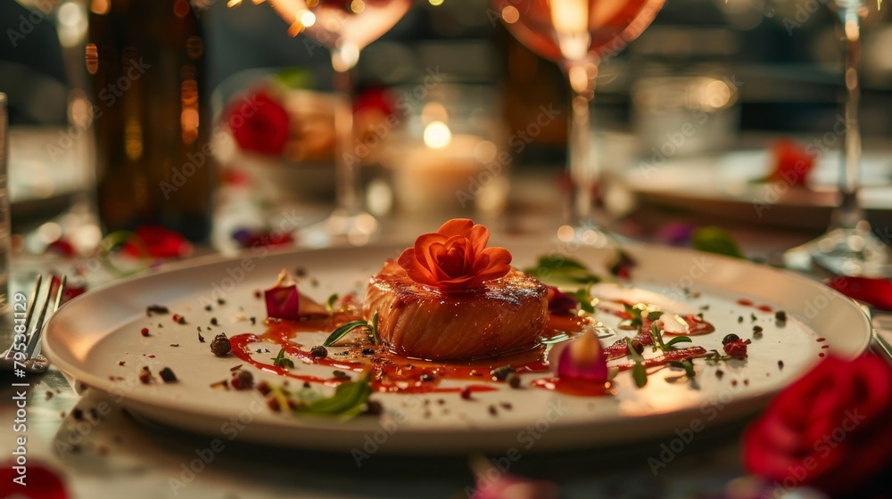 A beautiful plate of food with a flower garnish, surrounded by wine glasses and candles.