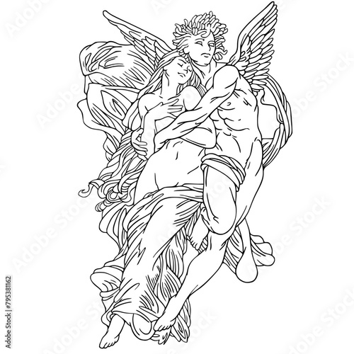 engraving of a woman in the arms of an angel
