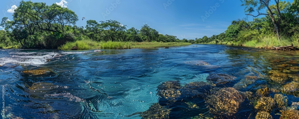 A river with a blue color and a clear water