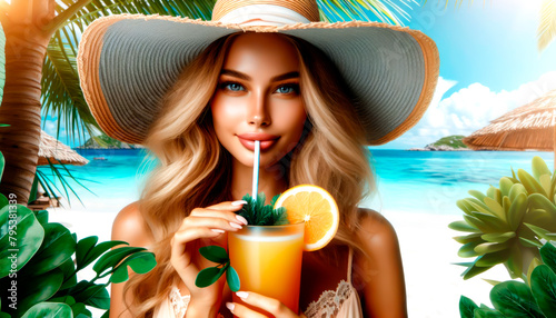 A woman in a summer sunhat drinks juice from a straw against the backdrop of the sea, tropical plants. Summer holidays with healthy cooling drinks in an exotically country. Vacation, trip