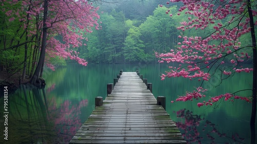 A bridge over a lake with pink trees in the background