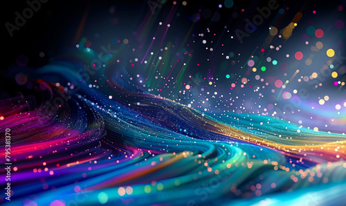 Abstract flowing fluid light particles colorful spectrum smooth curve on black background in concept technology, science.