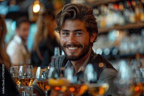 Attractive young man smiling while having drinks in a bar ambiance photo