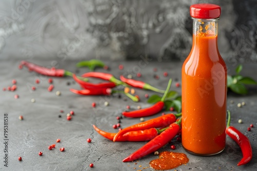 Photograph of a glass bottle of red hot chili pepper sauce with blank space for logo or advertisement.