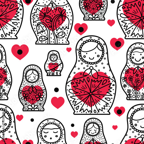 Matryoshka and hearts. Cute babushka. Seamless pattern can be used for wallpaper, pattern fills, web page background, surface textures.