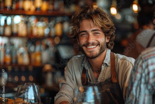 Young and friendly bartender serving drinks with a smile in a bar