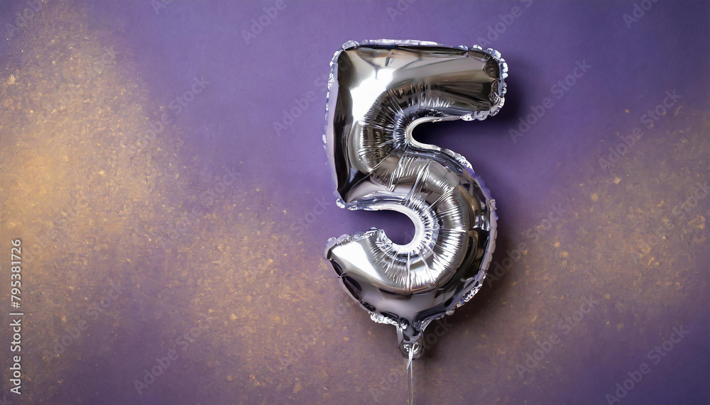 Banner with number 5 silver balloon. Five years anniversary celebration. Purple background. Banner with number 5 silver balloon. Five years anniversary celebration. Purple background.