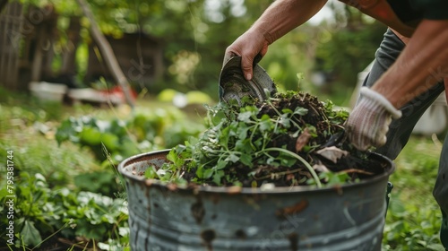 person composting organic kitchen waste in a backyard bin, demonstrating sustainable practices for nutrient-rich soil production.