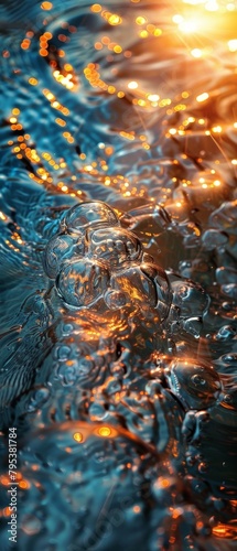 The image is of water with a lot of bubbles and reflections
