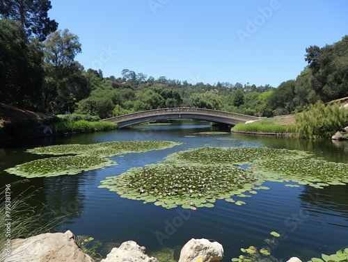 A bridge spans a river with a lot of lily pads on the water. The bridge is surrounded by trees and the water is calm