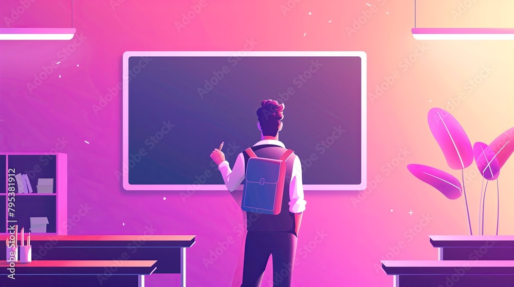 Flat illustration of a student in a classroom standing near the blackboard, blank space Flat illustration of a student in a classroom standing near the blackboard, blank space