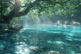 Create a serene and tranquil scene of a sundappled oasis surrounded by crystalclear waters
