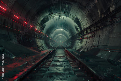 Underground mine coal passage with rails and light.