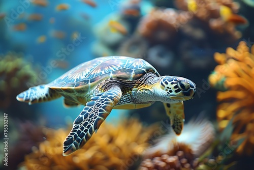 Delight in the natural beauty of a graceful sea turtle gliding gracefully through a vibrant coral reef landscape