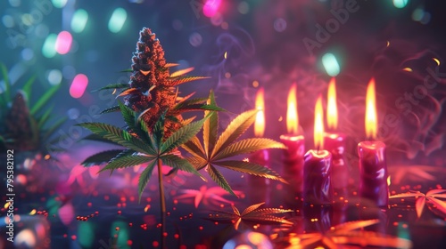 A beautifuly lit cannabis plant with purple and green leaves and red and yellow flowers next to several lit candles. photo