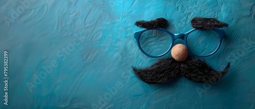 April Fools Day photo comical glasses bushy eyebrows mustache blue background copy space. Concept April Fools Day, Comical Glasses, Bushy Eyebrows, Mustache, Blue Background