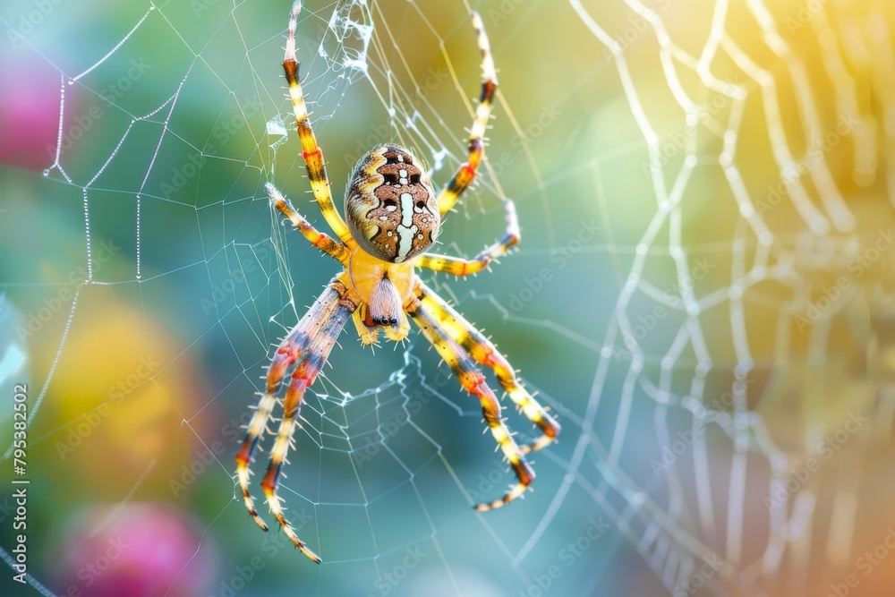 Close up of a delicate spider weaving its web in a garden, highlighting the intricacies of biodiversity