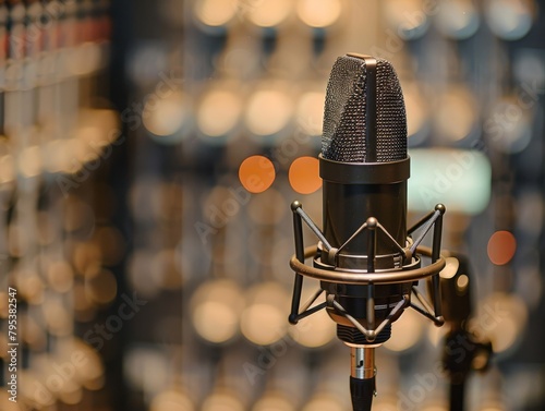A black microphone in a recording studio with a blurred background of audio equipment. photo