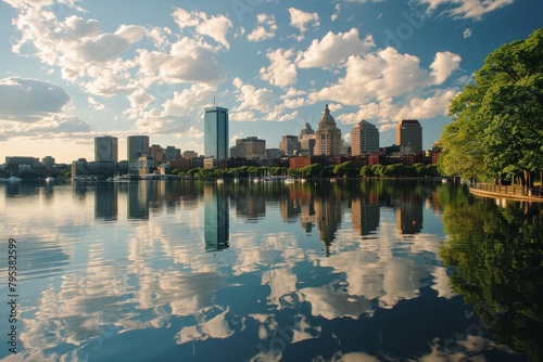 Beauty of  Boston skyline mirrored on tranquil water, Ai generated