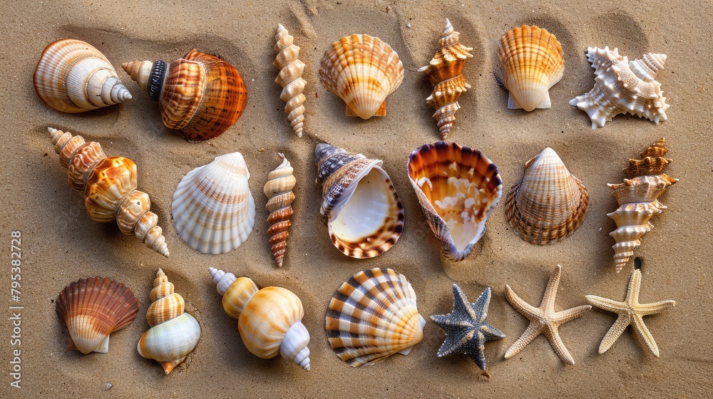 seashell collection displayed on a sandy beach, showcasing the diverse shapes and colors found along the summer coast. seashell collection displayed on a sandy beach, showcasing the diverse shapes and colors found along the summer coast.