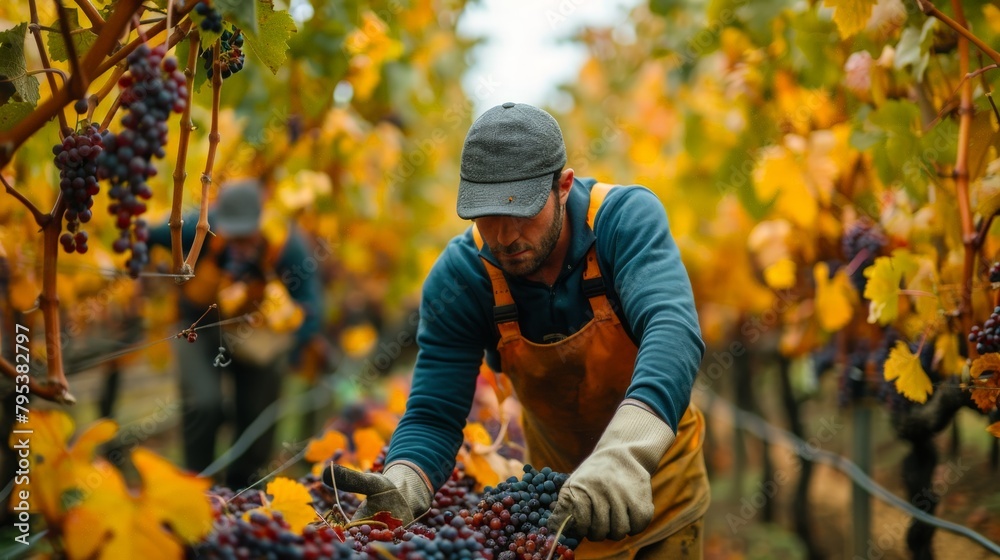 Obraz premium A focused winegrower carefully handpicking ripe grapes during the harvest season in a lush autumn vineyard.