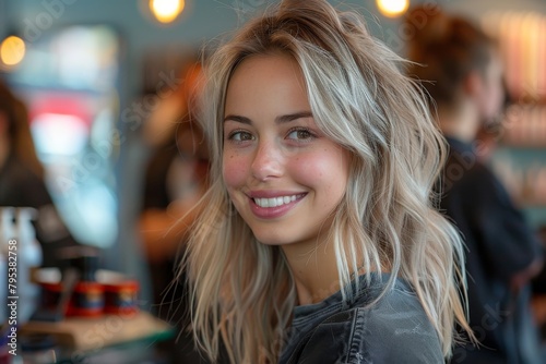 Radiant young woman with blonde hair smiling warmly in a coffee shop setting