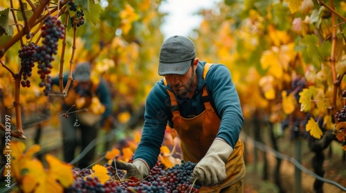A focused winegrower carefully handpicking ripe grapes during the harvest season in a lush autumn vineyard.