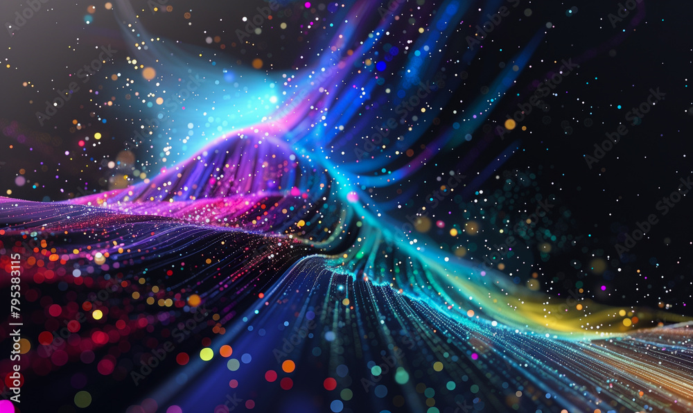 Obraz premium Abstract flowing fluid light particles colorful spectrum smooth curve on black background in concept technology, science.