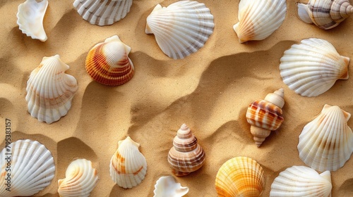 Seashells arranged in a pattern on golden sand, capturing the essence of summer relaxation by the shore. © buraratn