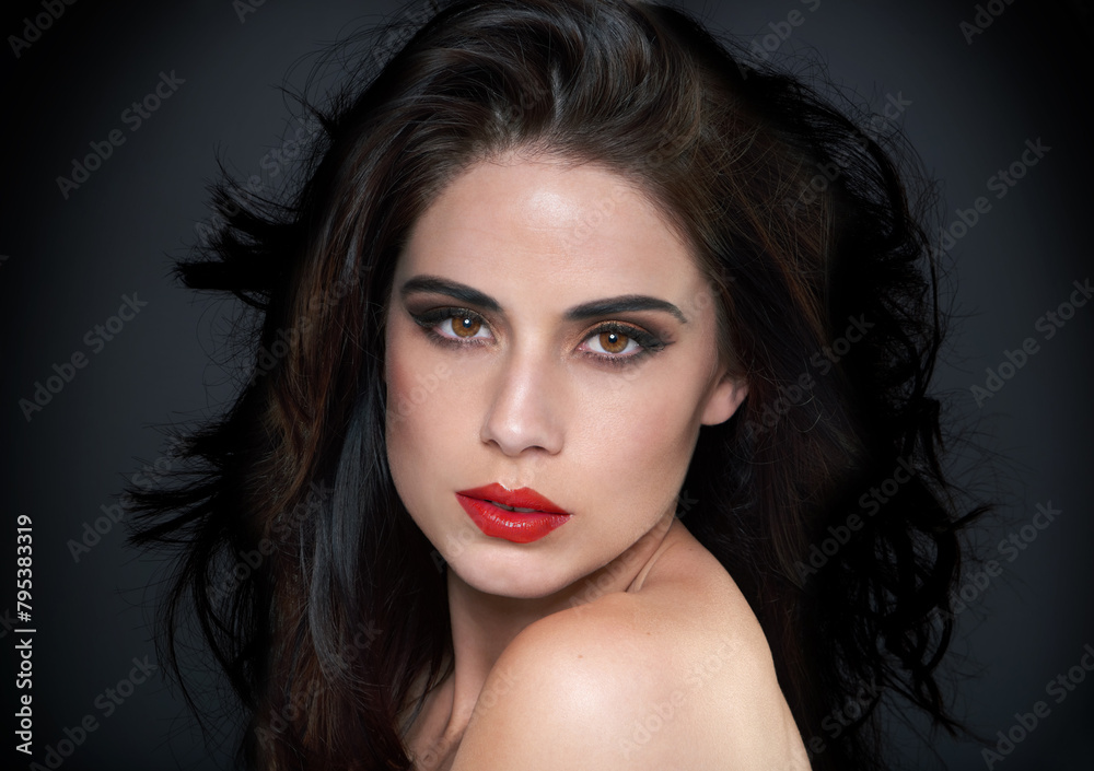 Beauty, makeup and portrait of woman on black background for skincare, wellness and glamour. Cosmetology, aesthetic and face of confident person with red lipstick, cosmetics and salon care in studio