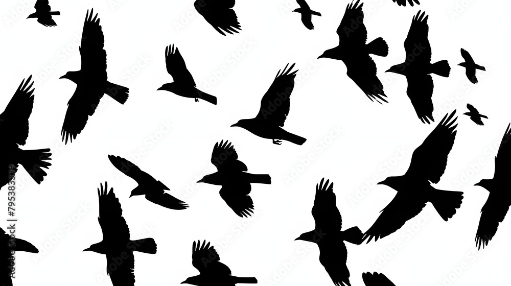 Naklejka premium Flock of Birds Flying: Black Silhouettes on White Background