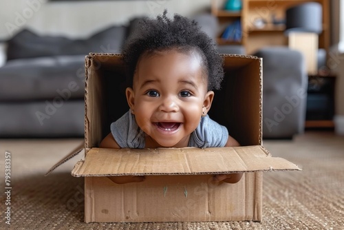 An adorable baby peeks out with excitement from inside a cardboard box, illustrating playfulness and innocence © Larisa AI
