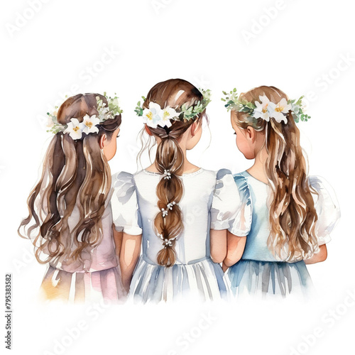 Flower girls in flower wreaths, back view portrait. Watercolor illustration