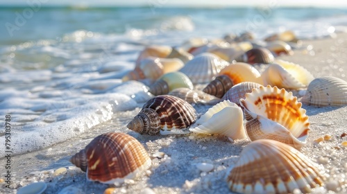Seashells scattered along the shoreline, inviting beachgoers to explore and discover the treasures of the summer sea.