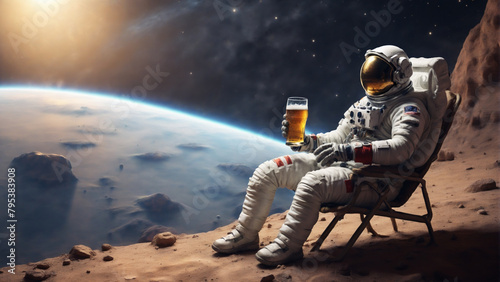 An astronaut drinking beer in an alien planet