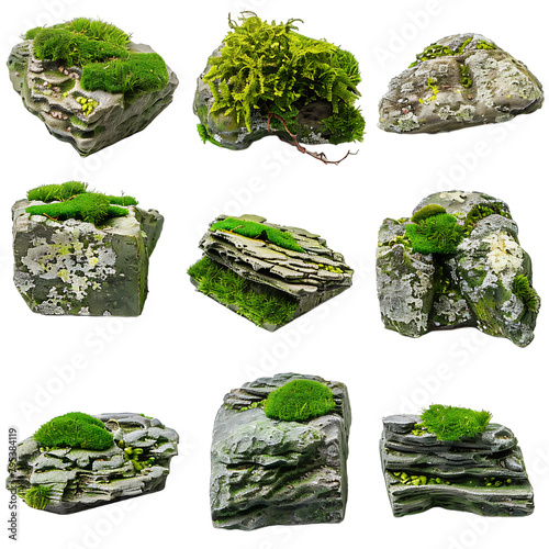 9 pieces of different types of moss on top of rocks, white background