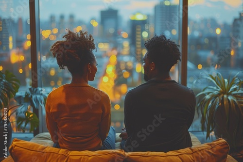 An intimate scene of a couple sitting cozily watching the cityscape from a high-rise home
