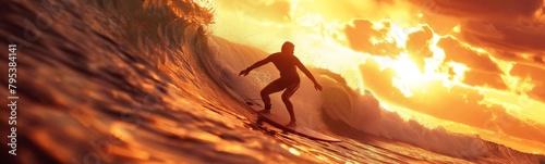 Surfer riding a wave at sunset on a sunny day. Sport background. Banner © kramynina