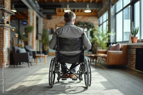 A professional man in a suit navigates an accessible modern office space in his sleek wheelchair