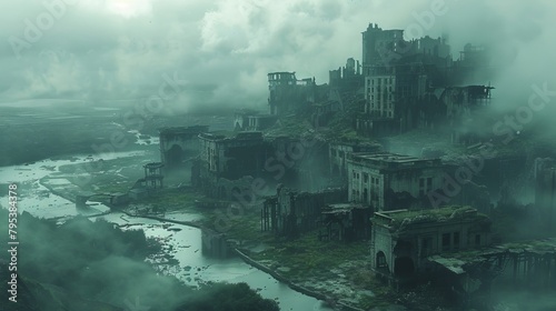 A city in ruins, overgrown by nature, with a river running through it.