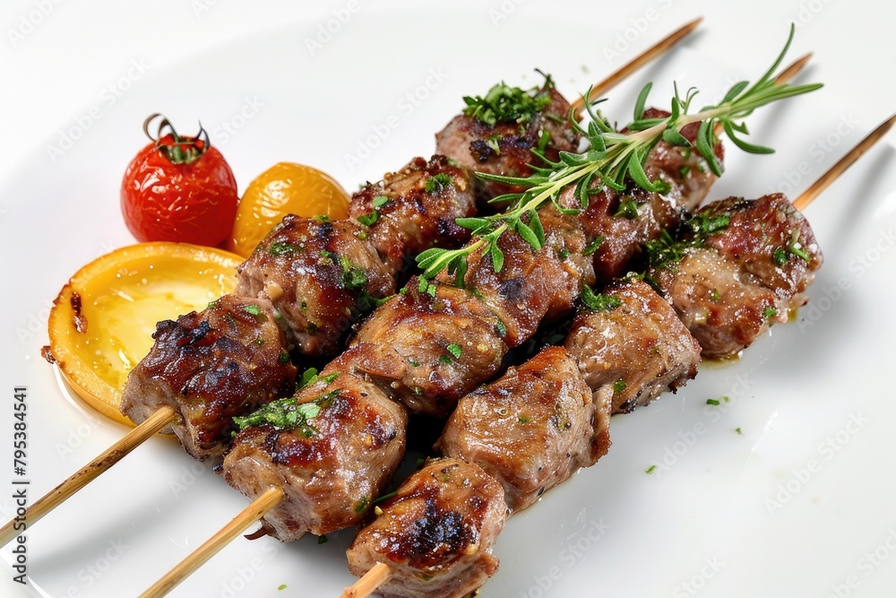 lamb shish kebab on skewers with vegetable isolated on white background lamb shish kebab on skewers with vegetable isolated on white background