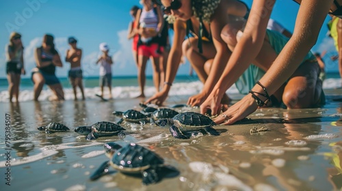 Tourists participating in a sea turtle conservation program, releasing hatchlings into the ocean to support marine wildlife protection.