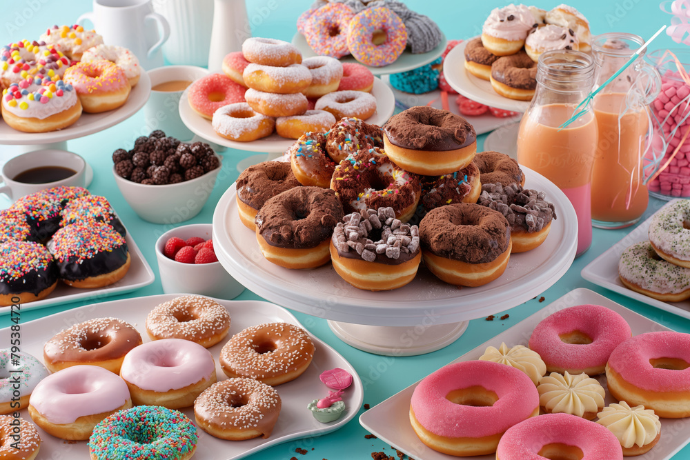 National Donut day. Various donuts with different flavors and toppings displayed on the table. Generative AI