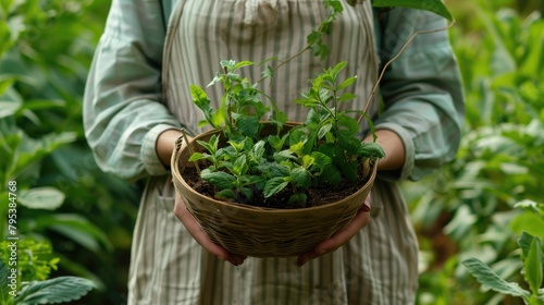 woman holding a basket of young plants, ready to be placed in the soil for cultivation and eventual blooming. photo