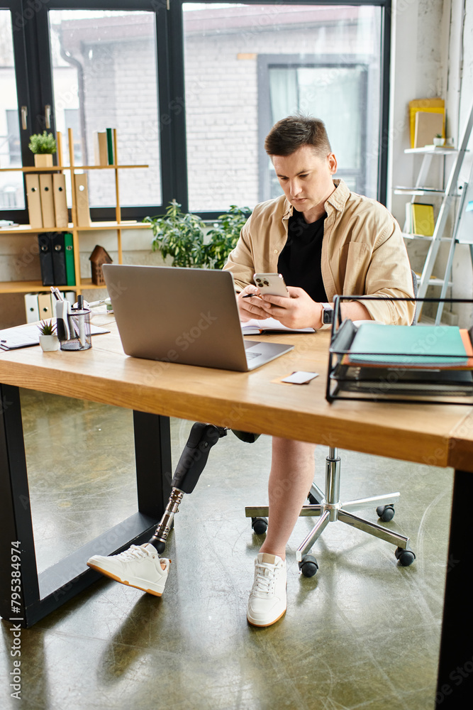 Handsome businessman with prosthetic leg working on laptop at desk. Handsome businessman with prosthetic leg working on laptop at desk.
