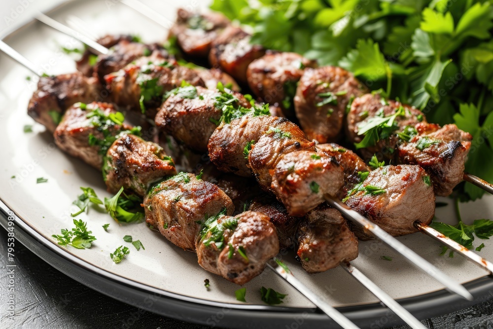 Lamb kebab skewers with recipe of lamp meat, cumin, cayenne pepper, paprika, chopped onion on white plate