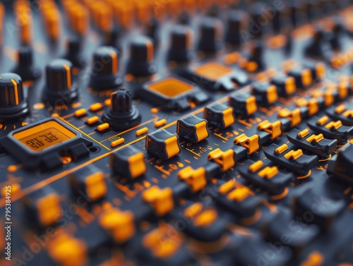 A close up of a black and orange audio mixer with a lot of buttons and knobs. photo