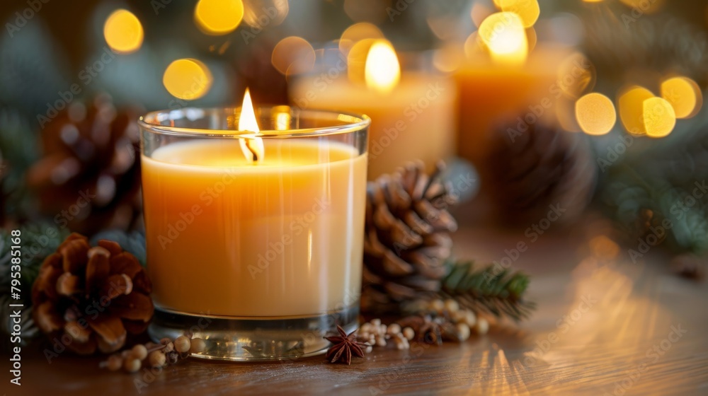 A close up of a burning candle with pine cones and Christmas lights in the background. A close up of a burning candle with pine cones and Christmas lights in the background.